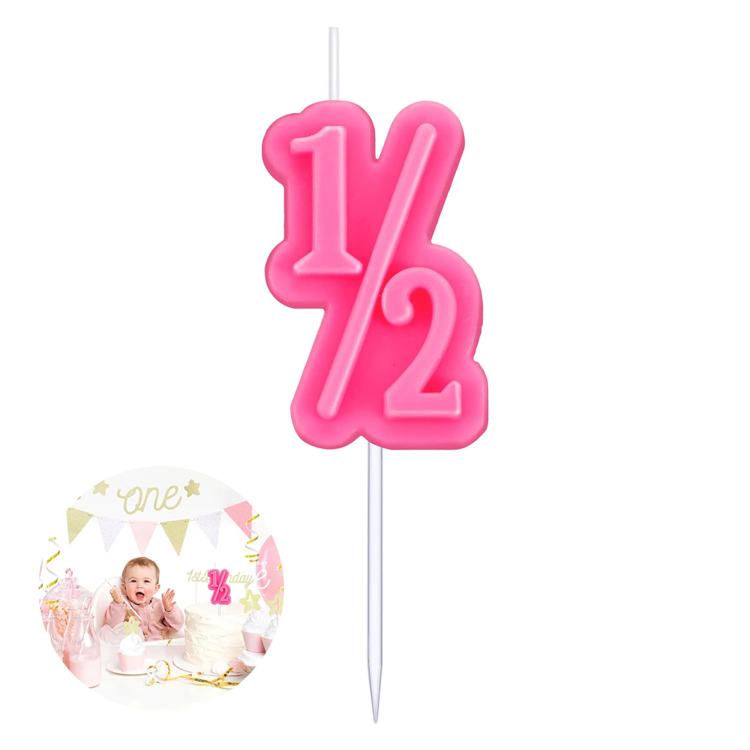 1/2 Birthday Candle, Half Birthday Celebration Pink Number Candle, 1/2 Cake Topper for 6 Months Birthday Decorations, Half Way to One Cake Decor for Boy or Girl