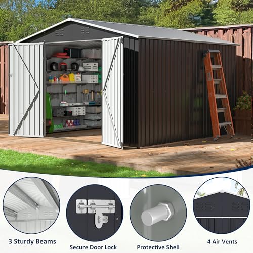 Image of AirWire 10x10 FT Storage Shed, Garden Shed with Updated Frame Structure and Lockable Doors, Metal Tool Sheds for Backyard Garden Patio Lawn, Grey
