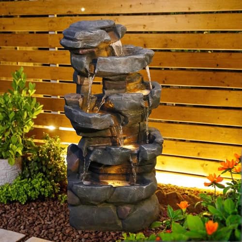 Image of Sunlinua 42 inch H Outdoor Water Fountain with 5 Tiers Large Cascading Realistic Tree Trunk Waterfall Fountains with LED Lights Outdoor Water Fountain for Garden Patio Backyard Porch Home Decor