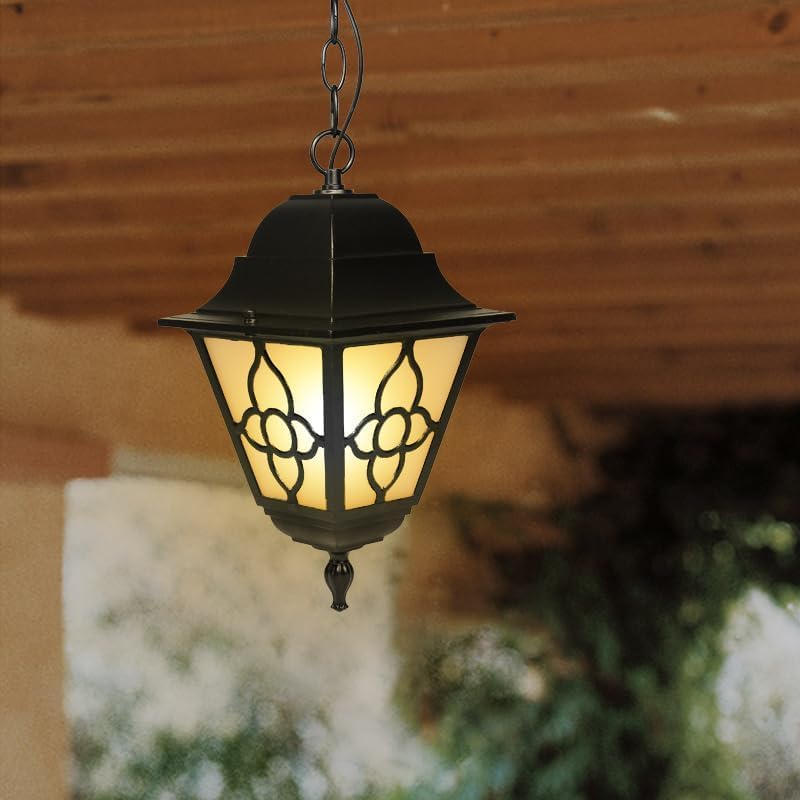 NOUVO Outdoor Hanging Lantern – Black Aluminum with Decorative Glass Panels, IP44 Waterproof (Bulb Not Included), E27 Socket, 100-240V, Perfect for Porch, Patio, Entryway Garden or Outdoor Lighting