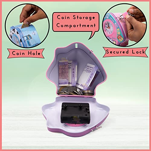 Image of WISHKEY Cute Attractive Metal House Piggy Bank With Battery Operated Clock, Security Lock & Keys For Kids Money Saving Storage Coin Collector Box Hut For Kids (Pack Of 1, Multicolor), Cottage