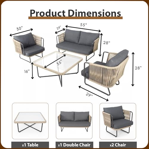 Image of Amazon Brand - Solimo Harbor Outdoor Rope Sofa Set | Balcony Sofa | Patio Conversation Sets | Braided Rope Garden Sofa Set and Table (4 Seater- Beige+Grey)