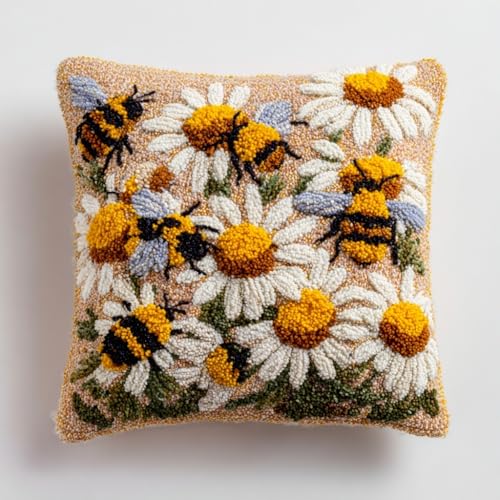 Latch Hook Pillow Kit Yellow Bees and Many Daisy Flowers Printed Pillow Cover DIY Crochet Yarn Hooking Pillowcase for Hobby and Home Decor 43x43cm