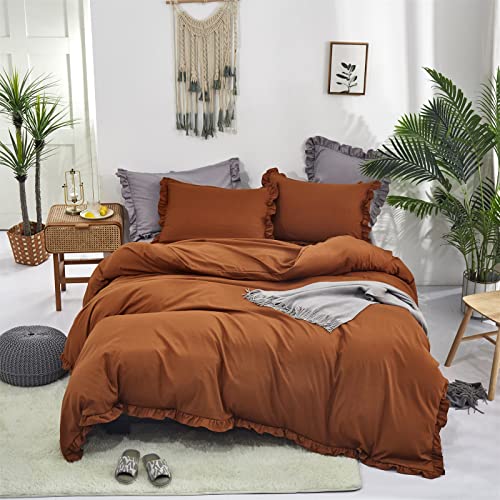 Cottonight Pumpkin Ruffle Comforter Set Queen Shabby Farmhouse Bedding Comforter Set Full Rust Terracotta Cotton Blanket Quilt Rust Reddish Brown Comforter Set For Women Men Adult Kids #TOP2