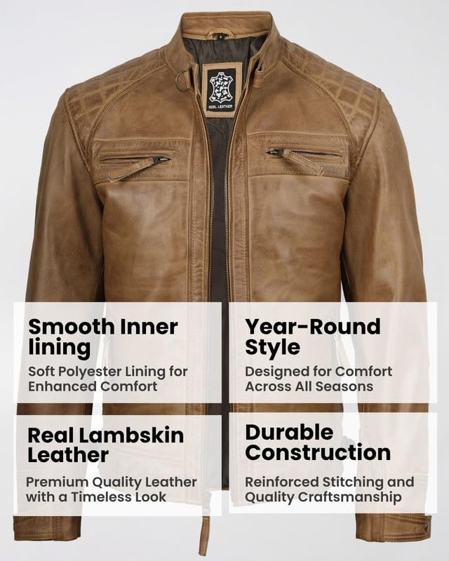 Image of Blingsoul Men's Leather Motorcycle Style Jacket - Quilted Cafe Racer Biker Style Jacket for Men
