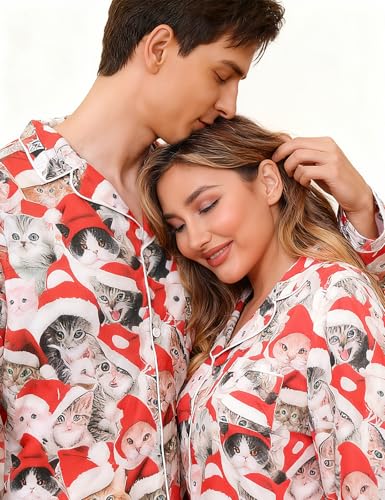 Image of RAISEVERN Couples Christmas Matching Pajamas 2 Piece Women Men Xmas Pjs Soft Pajama Set Long Sleeve Loungewear Warm Sleepwear