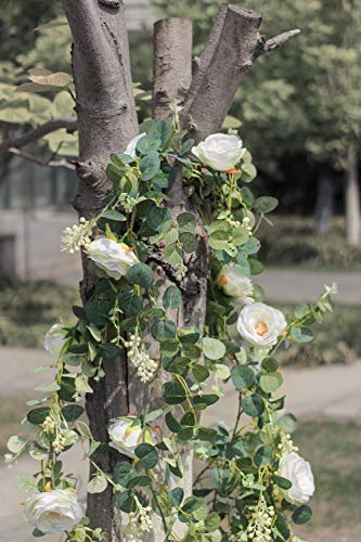 Der Rose 2 Pack 13Ft Artificial Eucalyptus Flower Garland With Fake Silk Rose Flower Vine Seeded Eucalyptus Leaves Greenery Garland For Wedding Arch Table Wall Backdrop Party Room Decor (White) #TOP4