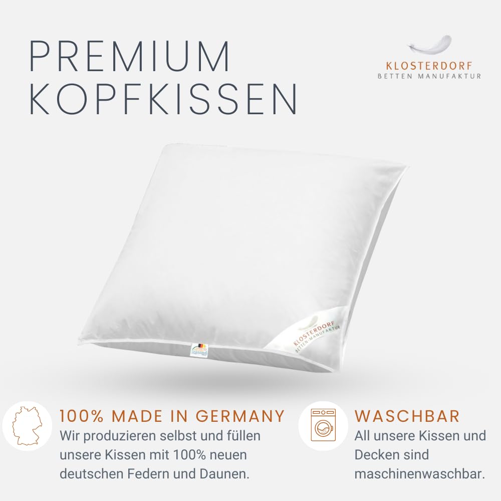Klosterdorf Bettenmanufaktur Premium Kopfkissen - ''Propper'' - 80x80 cm - 900 Gramm - weich - Handarbeit aus Deutschland - Für einen gesunden Schlaf