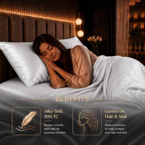 Image of Cloth Fusion Flat Satin Bedsheet Double Size 90x100 inch | White, 2 Pillow Covers, 300 TC, Glossy Finish, Smooth on Hair and Skin, Gift for Couples, Wedding & Anniversary