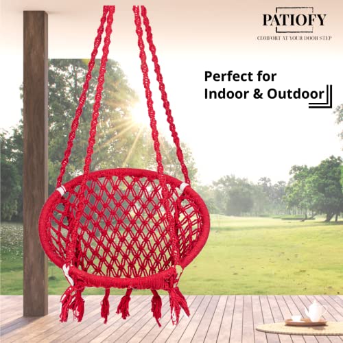 Image of Patiofy Cotton Netted Round Large Swing for Adults /Swing for Balcony /Swing Chair for Adults for Home /Hammock Swing for Adults /Swing Chair Wooden /Without Hanging Kit (120Kgs Weight Capacity- Red)