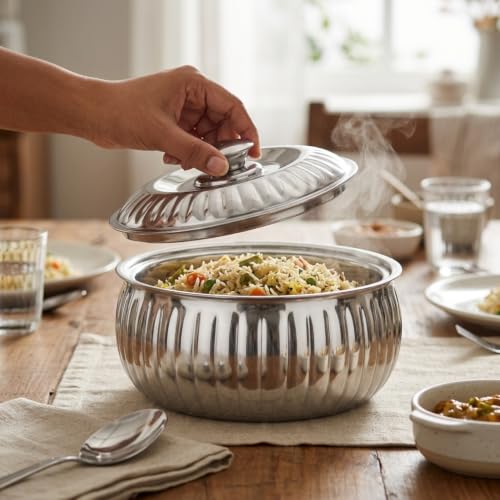 Image of CLASSIC ESSENTIALS Tripot Double Wall Insulated Stainless Steel Lotus Casserole 1500 ml | Hot Pot Food Storage & Serving Container | Thermal Belly Casserole for Roti, Rice, Dal, Curry & Meals