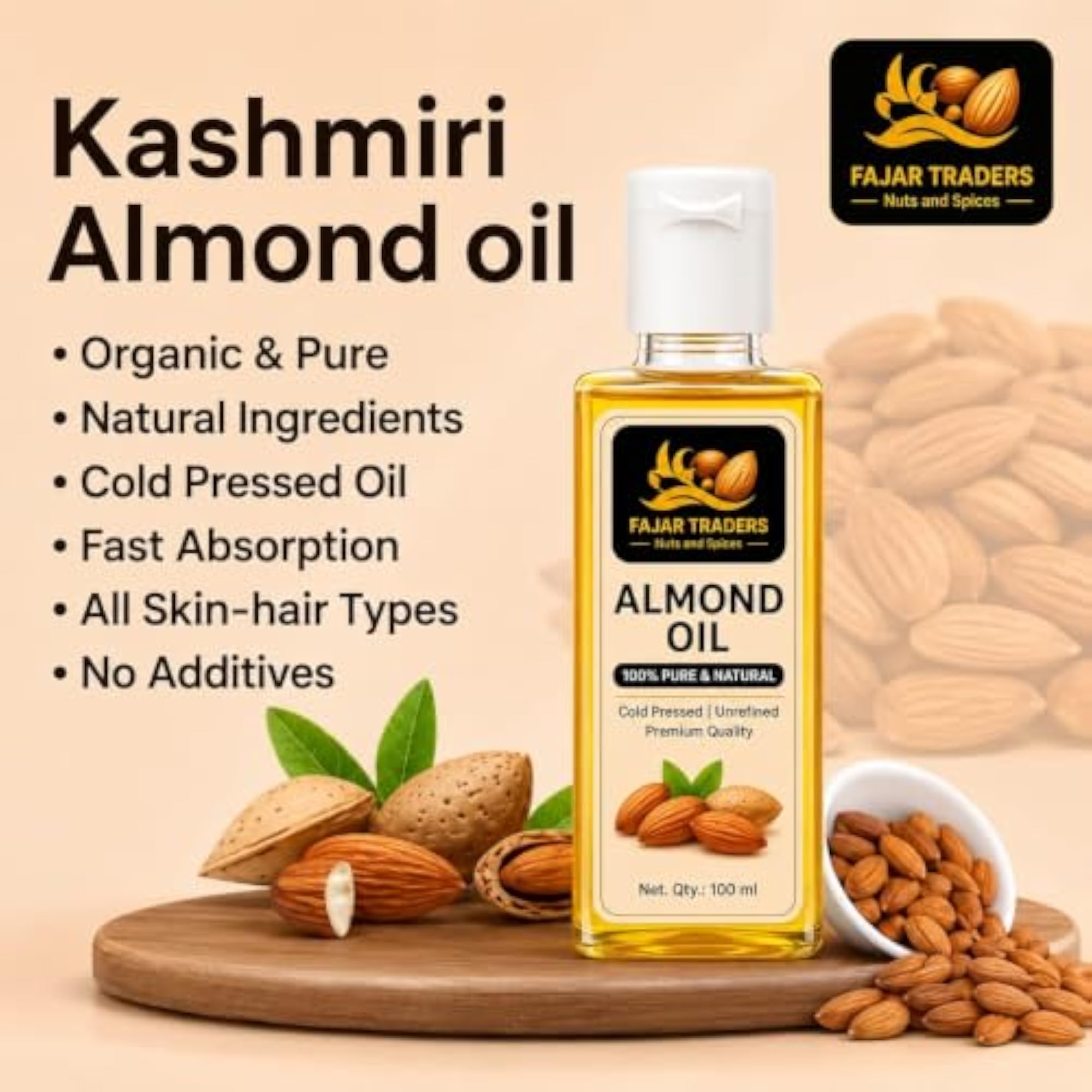 Pure Almond Oil, Cold Pressed, 100ml