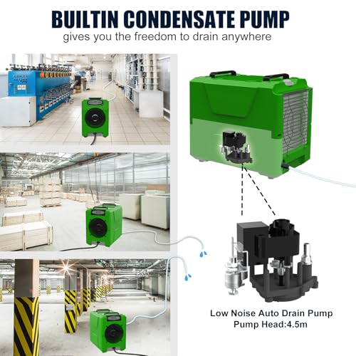 Image of Mounto 150 Pints Compact Commercial Dehumidifier, LGR Technology, Built-in Pump, ETL Certified, Ideal for Large Spaces, Water Damage Restoration, Industrial Use (Green)