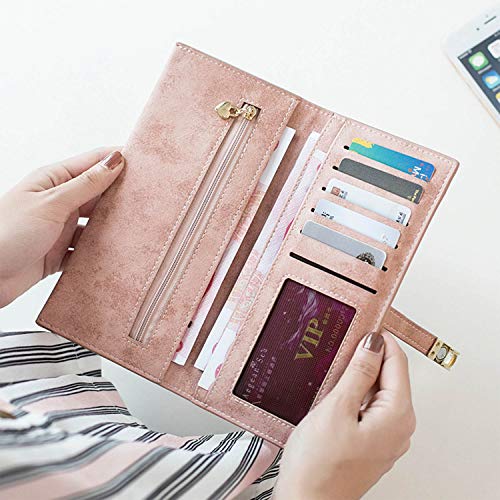Ultra Slim Wallet for Women Leather,Thin Womens Wallet Billfold Skinny Rfid Ladies Wallet Large Bifold Long Card Holder Flat Coin Purse Magnetic Closure(Pink)2