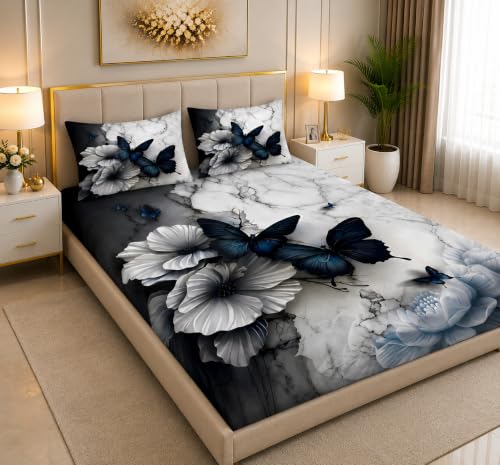 Image of 7D Digital Printed King Size Bedsheet | 240TC Premium Cotton Feel Microfiber with 2 Pillow Covers | Soft Breathable & Wrinkle Free Bedding Set | (BlueWhite, King Size-90x100 Inch)