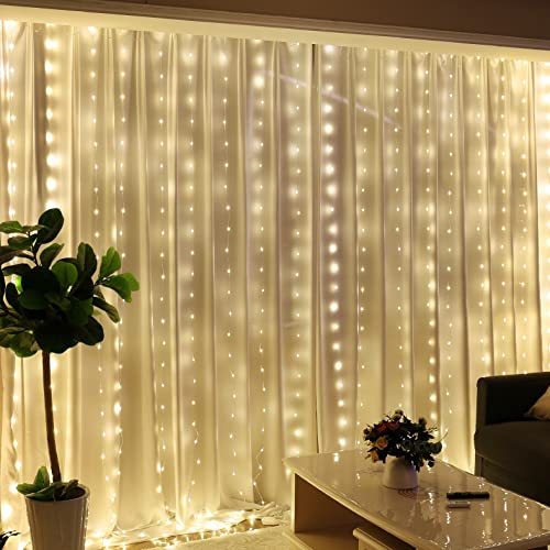 HXWEIYE Guirlande Lumineuse Blanc chaud, Rideau Lumineux 300 LED 3m*3m,8 Modes d'Eclairage USB Télécommande Guirlande avec Minuterie pour Salle, Fenêtre,...