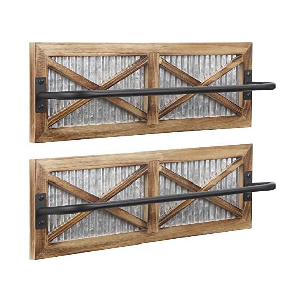 2PCS Rustic Bathroom Towel Rack, Butizone Wall Mounted Towel Bar Holder with Weathered Wood and Corrugated Galvanized Metal, Farmhouse Rack for Hanging Towel (Towels are not Included)