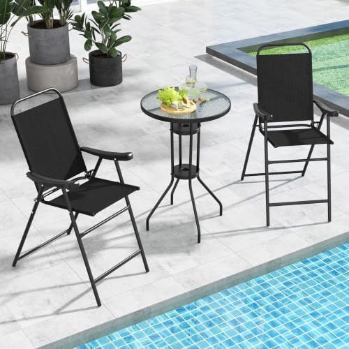 Image of COSTWAY 2 Pieces Patio Folding Bar Chairs with Metal Frame, Footrest, Arms | Outdoor Counter Height Bar Stools with High Backrest, High Top Chairs for Balcony, Garden, Deck, Porch & Poolside (Black)