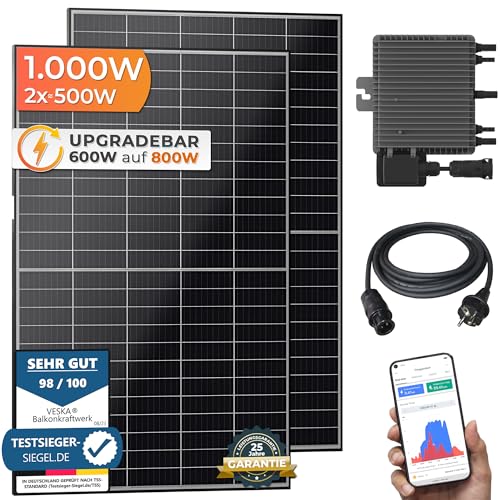 Balkonkraftwerk 830 W / 600 W Photovoltaik Solaranlage Steckerfertig WiFi Smarte Mini-PV Anlage 600 Watt genehmigungsfrei, Schwarz (5m Anschlusskabel)
