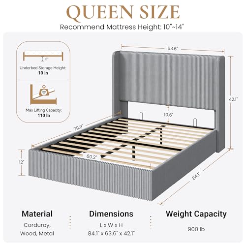 Image of SHA CERLIN Queen Lift Up Storage Bed Frame, Upholstered Corduroy, Grey