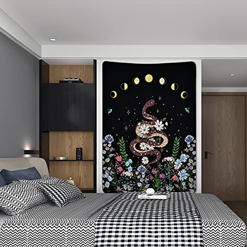 Snake Floral Tapestry Moon Phase Tapestry Black Moon Tapestry Wildflower And Snake Tapestries Asthetic Wall Hanging For Room(51.2 X 59.1 Inches) #TOP3