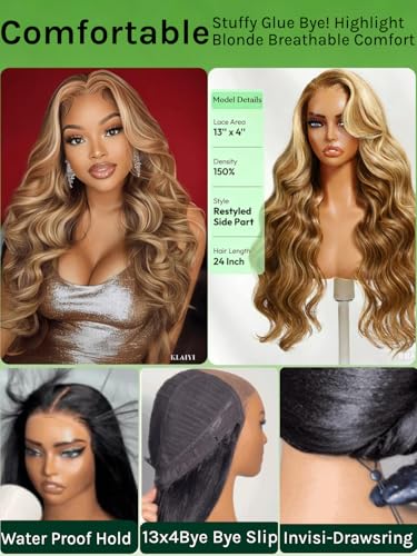 Image of KLAIYI Bye Bye Slip Honey Blonde Highlight Body Wave Pre Everything Glueless 13x4Ear to Ear Lace Frontal Wigs Human Hair Drawstring Ombre Pre Plucked Bleached Knots 3S Ready to Wear and Go Wig 20Inch