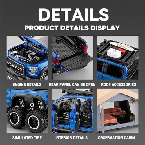 Image of 1:28 Scale Ford Raptor F-150 Raptor Camping RV Toy Car | Metal Pullback Diecast Car for Kids with Openable Doors, Sound, Light Effects Toy for Car (Color As Per Available)