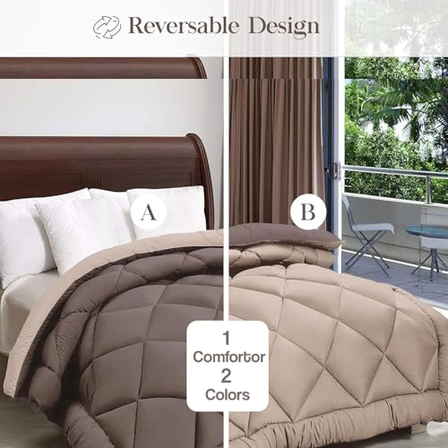 Image of THE HOME STYLE Solid Plain Cotton Feel Fitted Bedsheet (72x78 inches) with Reversible Comforter (90x100 inches) | King Size | 2 Pillow Covers | 300 TC | 4-Piece Bedding Set (Vanilla)