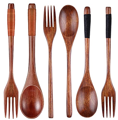Wooden 8.9-inch Spoons and Forks for Desserts, Chips, Snacks, Cereal, Salad, Fruit, Decoration (Set of 6)¡