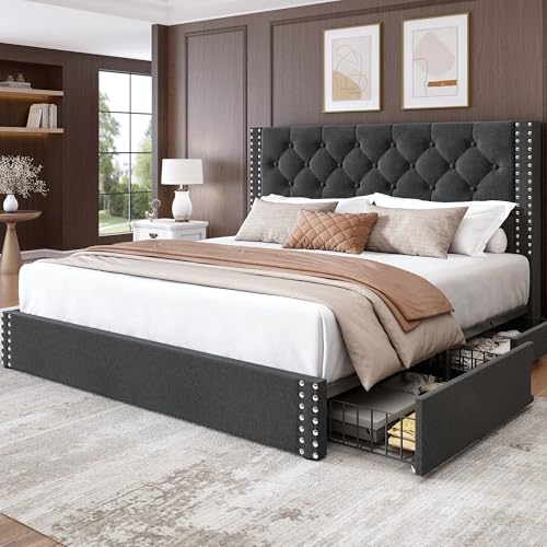 Queen Bed Frame with Storage Drawers and Tufted Headboard