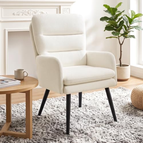 Image of Comfy Accent Chair Modern Boucle Living Room Chair,Beige | Upholstered High Back Armchair with Padded Seat, Cozy Reading Lounge Chair with Black Metal Legs for Bedroom, Small Space