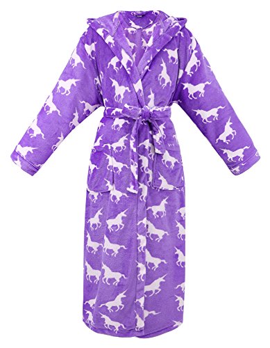 Robes for Women Hooded Printed Flannel Fleece Bathrobe Robe w/ Pockets,Unicorns