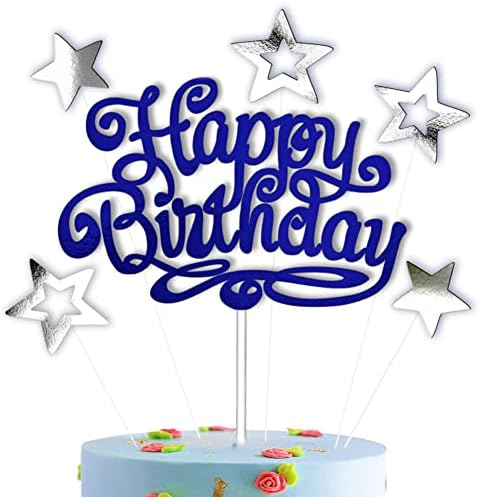 Blue Happy Birthday Cake Topper with 5 Stars Double Sided for Birthday Party Decorations Set Handmade