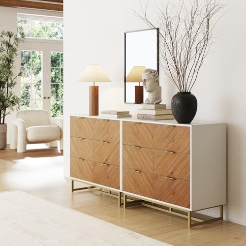 Image of Nathan James Enloe Boho 3-Drawer Dresser for Bedroom, Wood Dresser with Deep Drawers, Metal Legs and Drawer Pulls, White, Set of 2