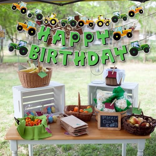 Image of SUNBEAUTY Green Tractor Happy Birthday Banner Set with Tractor Garland Banner for Tractor Farm Themed Birthday Party Supplies Decorations | Pre-Strung