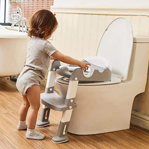 Image of Potty Training Seat with Step Stool Ladder for Kids and Toddler,Wiifo Sturdy Potty Ladder with Soft Padded Cushion for Boys and Girls,Toddler Toilet Training Seat Chair(Grey White)