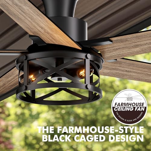 Image of 52 Inch Flush Mount Ceiling Fans with Lights and Remote Control, Low Profile Farmhouse Ceiling Fan for Bedroom Living Room and Patio, Black Caged Ceiling Fan for Indoor and Outdoor(NO BULBS)