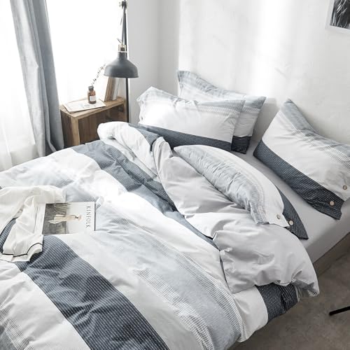 Image of mixinni Geometric Striped Duvet Cover Set - 100% Natural Cotton, Grey & White Stripes, King Size, 3-Piece Bedding Set with Zipper Closure