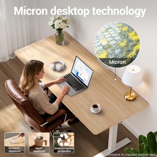 Image of Veken 55 Inch Large Electric Standing Desk, 4 Memory Heights Adjustable,Sit to Stand Up, Work Home Office Computer Table for Study, Walking Pad, Writing, and Games, Wooden Desktop Desks, Nature Wood