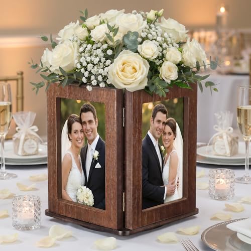 Novabright Wooden Rotating Picture Frame Wedding Photo Cubes for 4 x 6 Inch Pictures Wedding Photo Display Table Centerpieces for Bridal Shower Decorations