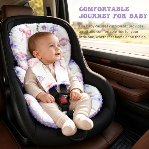 Image of Infant Car Seat Insert with 2 Strap Pads, Reversible Baby Car Seat Head and Body Support for Boys Girls, Preemie Newborn Carseat Insert, Super Soft, Fits for Stroller, Baby Swing, Bouncer (Purple)