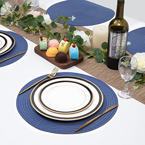 Image of SHACOS Round Placemats Set of 6 Washable 15 inch Round Table Mats Cotton Polyester Woven Braided Place Mats for Dining Table (Sail Blue, 6)