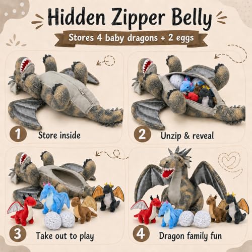 Image of Dragon Plush with 4 Babies, 21.7 inch Dinosaur Stuffed Animal, Gray