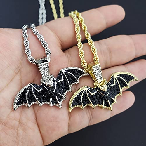 HIP HOP JEWELRY MICRO PAVE STONE GOLD SILVE PLATED BAT BLING PENDANT & 4mm 24" ROPE CHAIN NECKLACE2