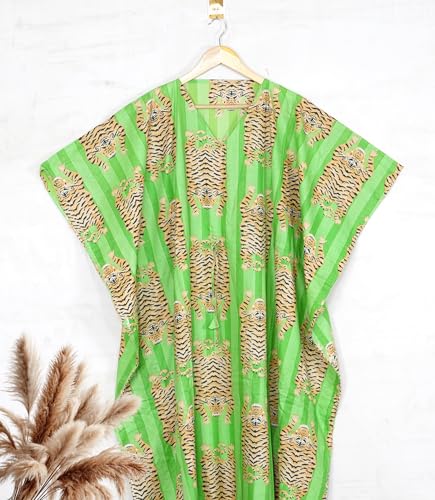 INDACORIFY Tiger Print Kaftan Dress 100% Cotton Printed Long Caftan Maxi Gown Summer Tunic Cotton Night Bikini Coverup (Design 6, Free Size)