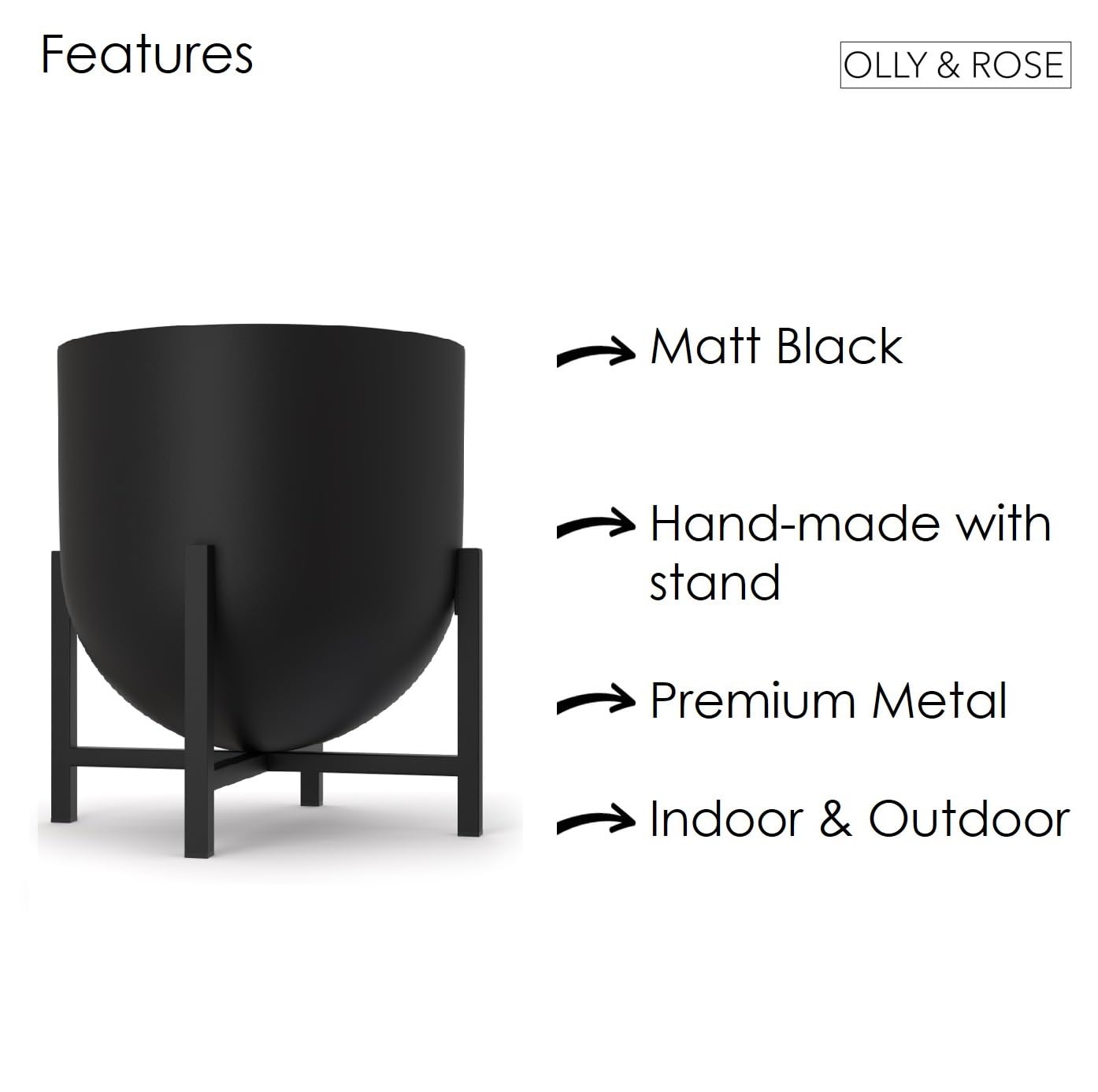 Olly & Rose Maceta con soporte para plantas – Maceteros de metal para interior, maceta grande (negro, 22 cm)
