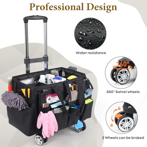 Rolling Cleaning Caddy Bag with Detachable Trolley, Multi-Functional Portable Cleaning Cart Supplies Organizer for Housekeeping and Domestic Cleaning, Cleaning Caddy with Wheels, Black by MUNNAR - Used condition - Image 2