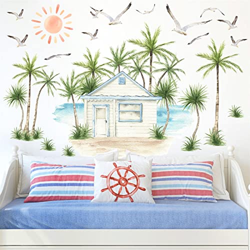 Palm Tree Wall Decals Sea Beach Wall Sticker Peel And Stick Wall Art Decals Tropical Plants Birds Wall Stickers Coconut Tree Wall Sticker Seascape Wall Sticker For Living Room Bedroom Nursery Decor #TOP4