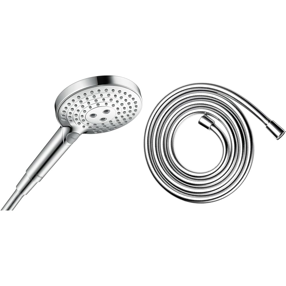 Douchette à main ronde Raindance Select S à 3 jets et son tuyau de douche anti-pliure Isiflex