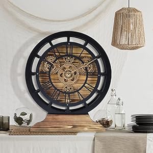 Lafocuse 10 Inch Wooden Real Moving Gears 2 in 1 Desk Clock Wall ClockFarmhouse Rustic Table Clock BlackVintage Mantel Clocks for Living Room Decor